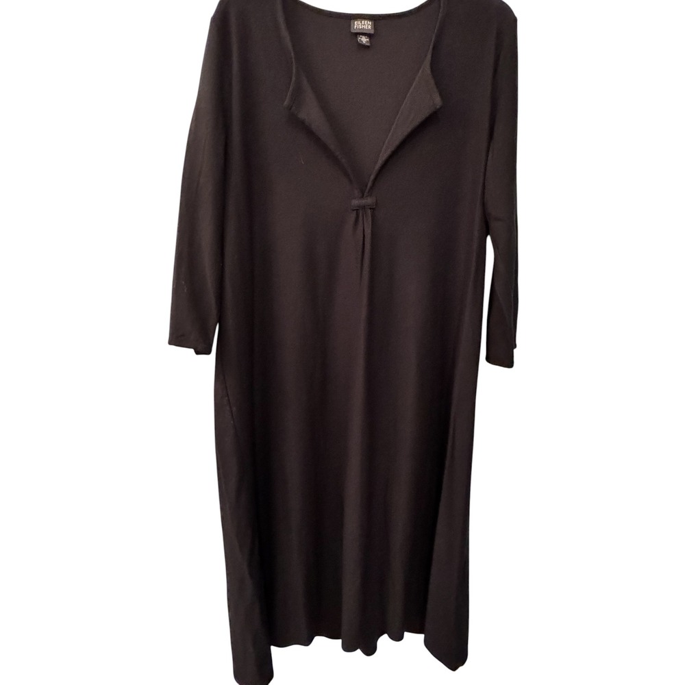 Eileen Fisher Black Knit Notched V-Neck 3/4 Sleeve Midi Shift Dress XL D1188M
